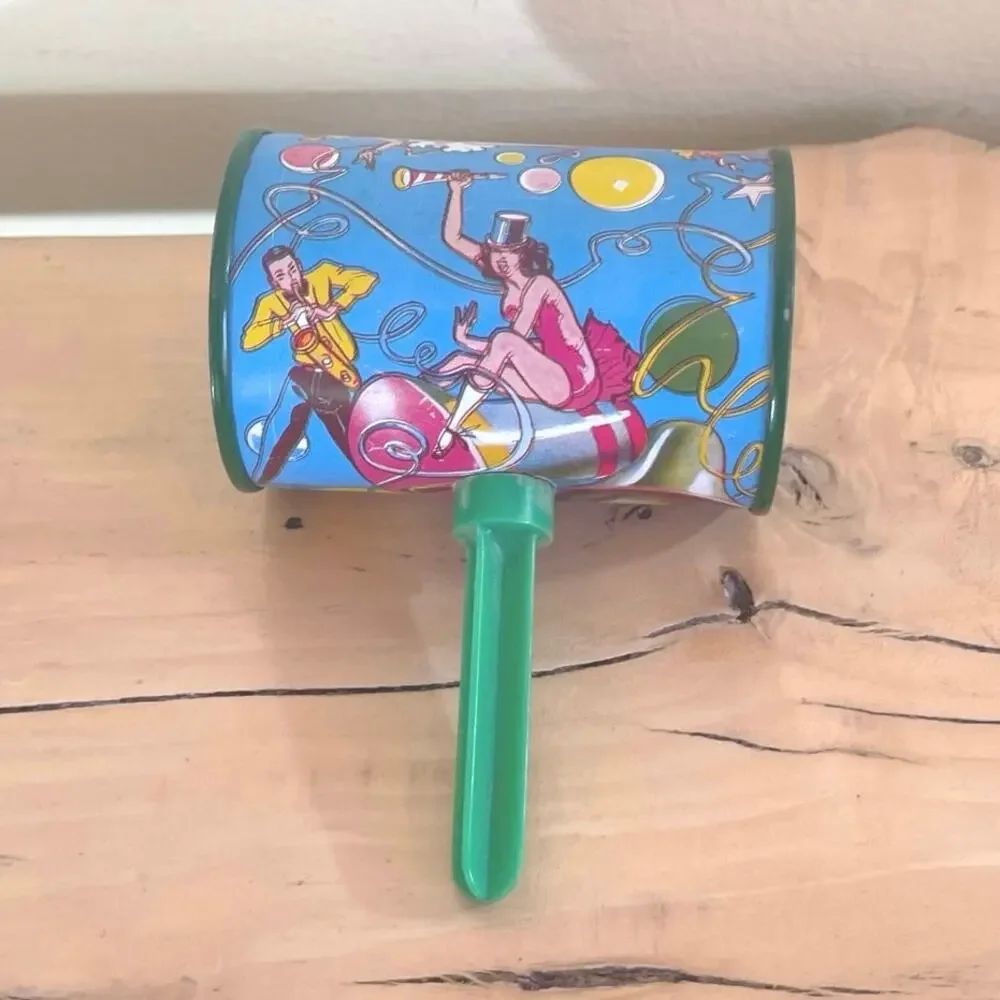 Vtg Tin Noisemaker Metal Toy Noise Maker New Years Showgirl Party Clanger Rattle